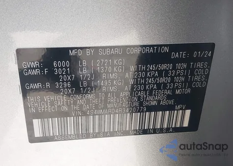 2024 Subaru Ascent Limited 8-Passenger z USA, uszkodzony, nr VIN 4S4WMARD4R3420779